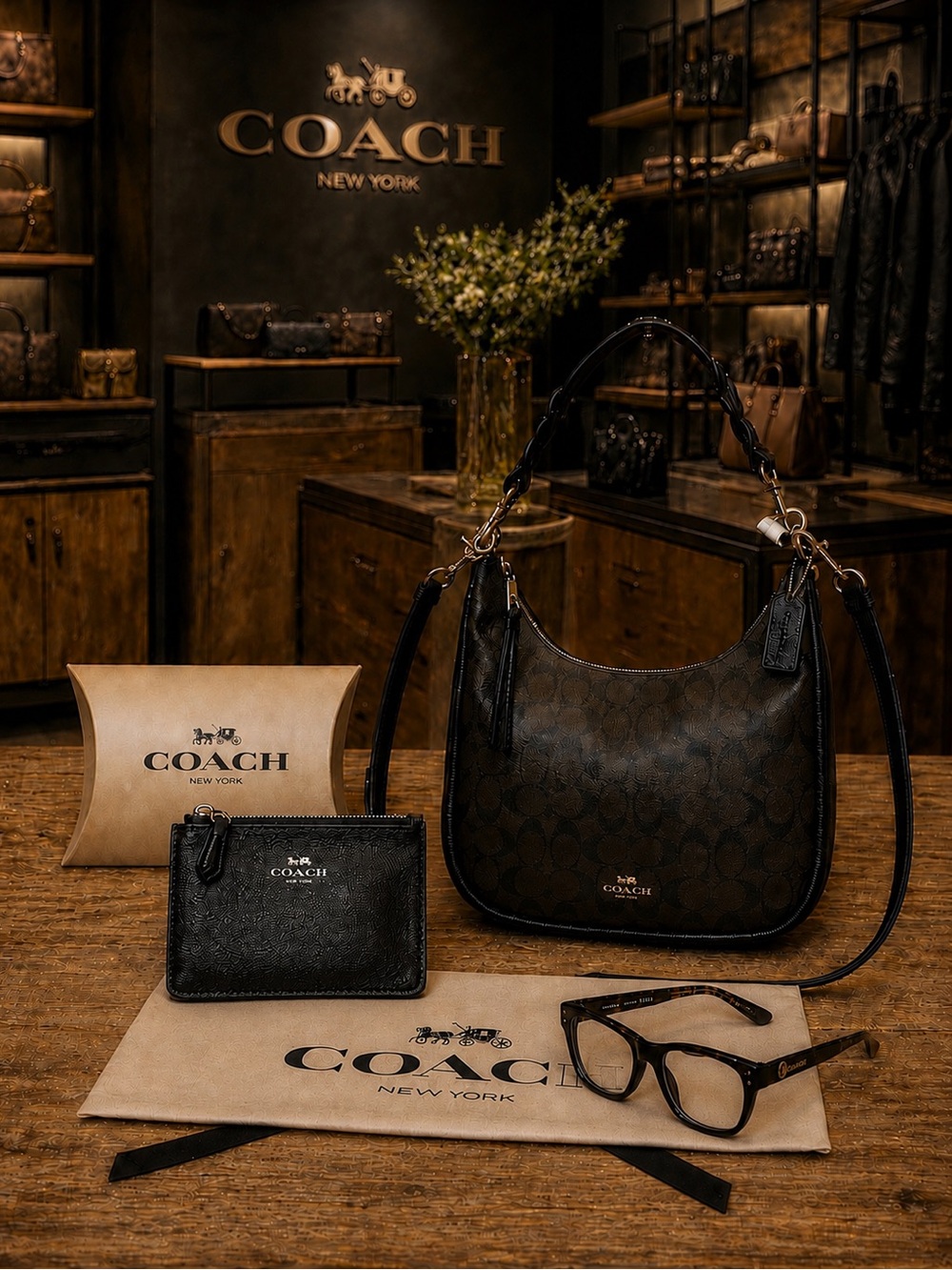 Coach. 5 Piece: NEW Jules Hobo Bag & Free ID Case, Glasses, Dust Bag & Gift Box.